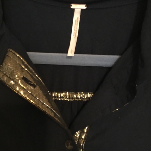 NWT Free People Off Campus Navy Blue Gold Metallic Oversized Button Front Top - Picture 5 of 16